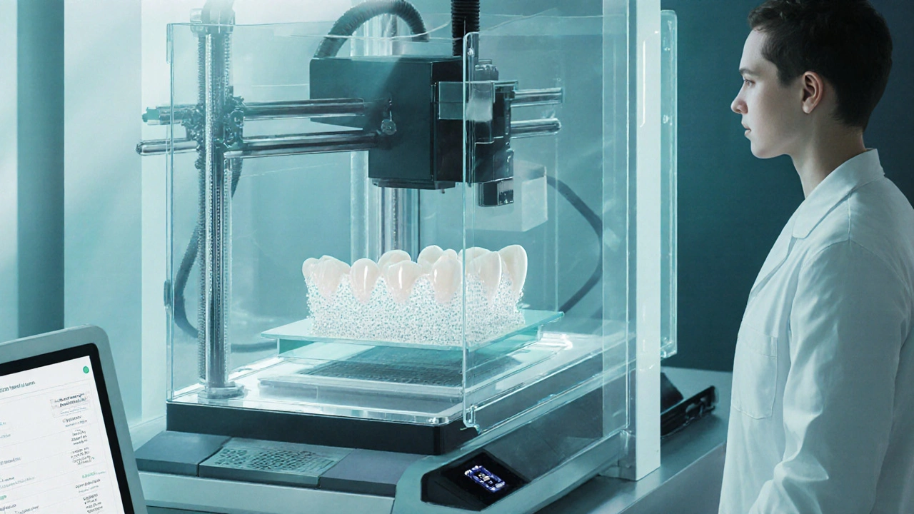 3D tiskárna vytváří tenkou fazetu z nanokeramického materiálu s lesklými bioaktivními částicemi.