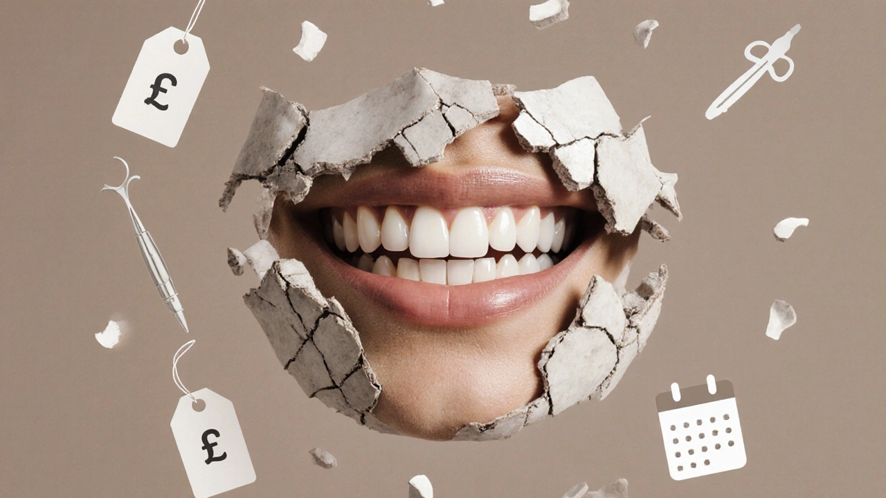 A smile emerging from broken ceramic, symbolizing transformation.