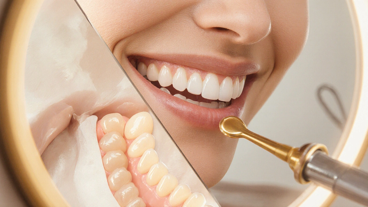 Before and after comparison of natural teeth versus ceramic veneers.