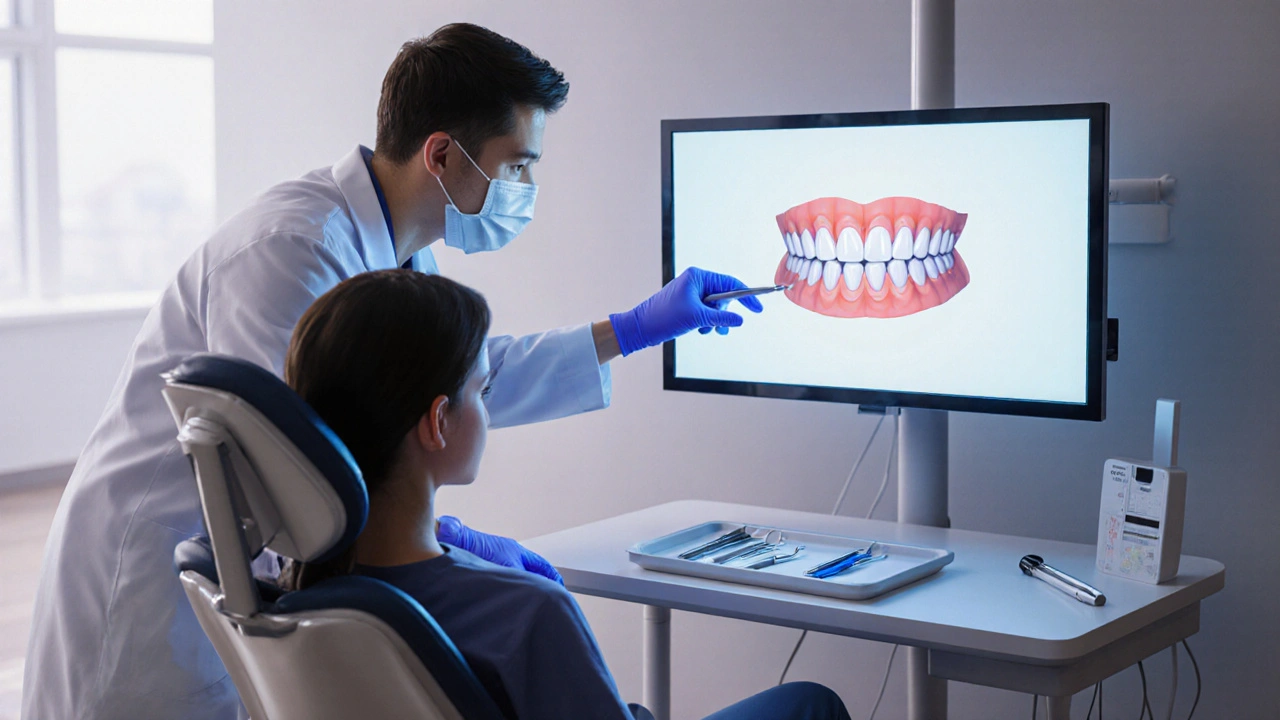 Dentista konzultuje s pacientem a na monitoru ukazuje 3D model zubů s navrženými fazetami.