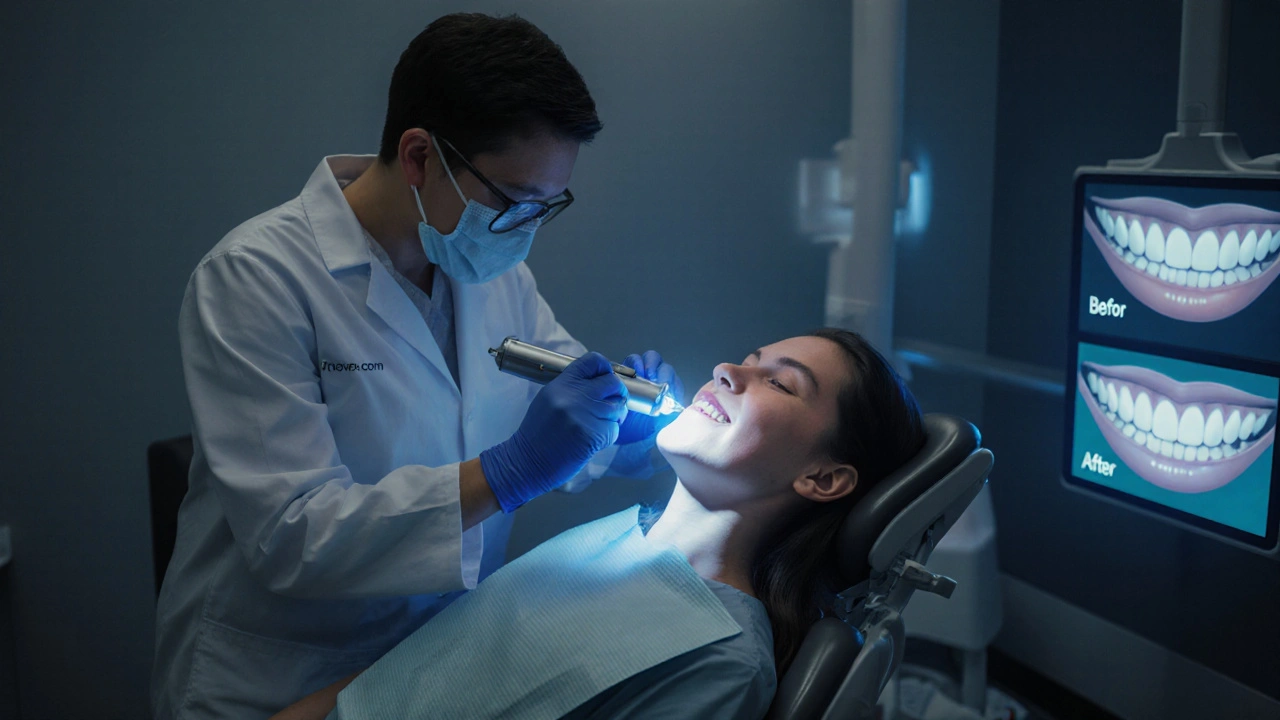 Dentista používá laserové světlo na zuby pacienta v moderní klinice.