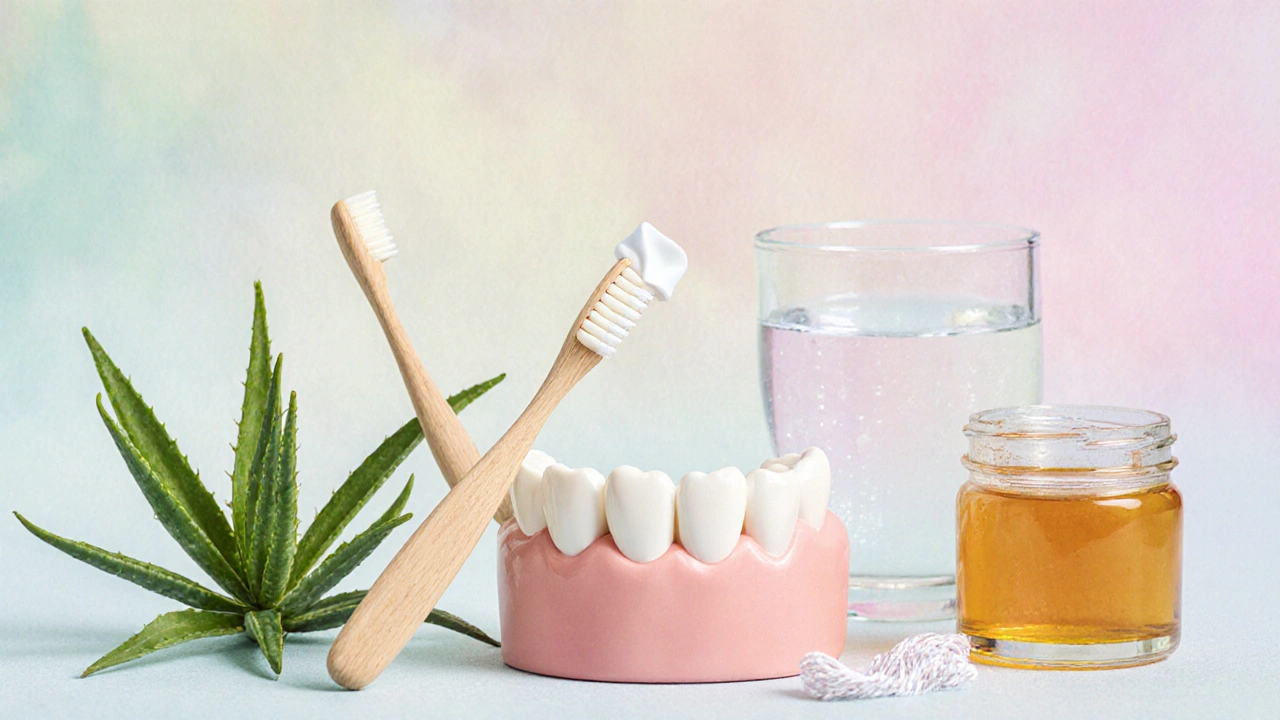Domácí hygiena: kartáček, nit, med, aloe a keramický onlay na modelu.