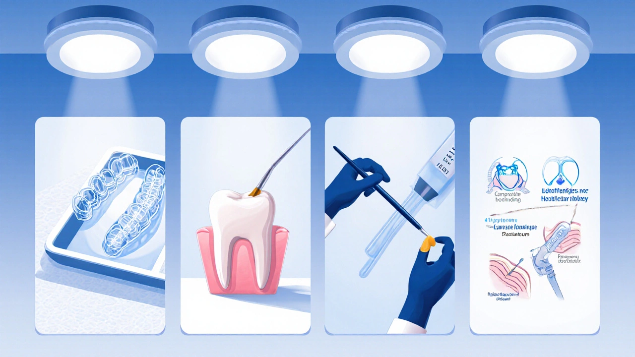 Ilustrace čtyř dentálních léčebných možností v moderní klinice.