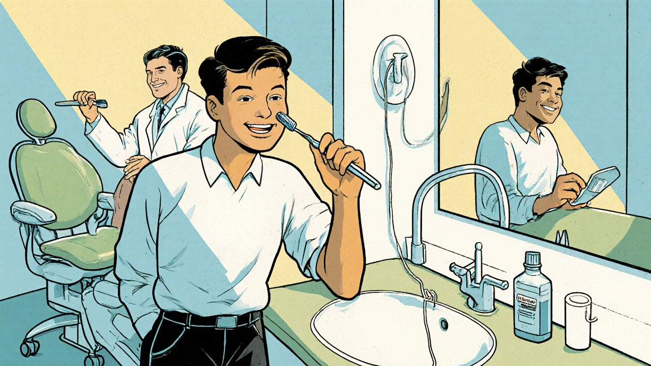 Osoba čistí zuby kartáčkem, používá nit a ústní vodu v moderní zubní ordinaci.