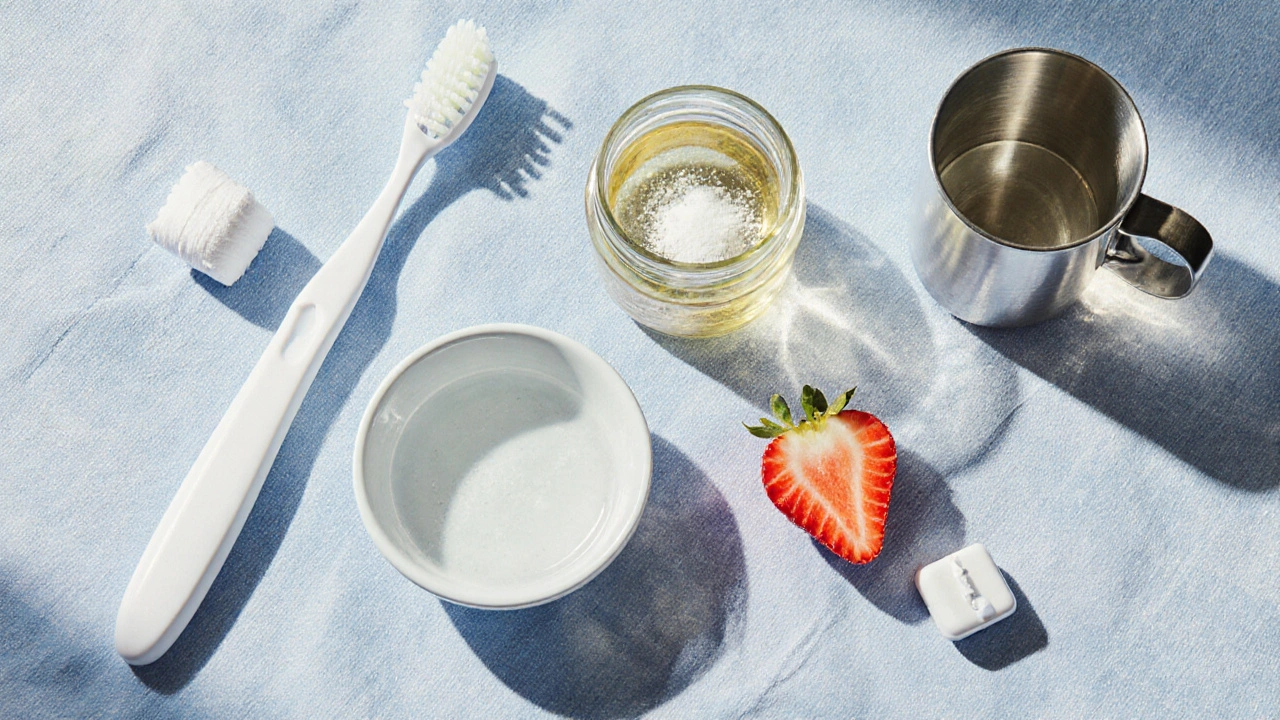 Pohled shora na domácí bělicí pomůcky: kartáček, peroxid, soda, jahoda, kokosový olej.