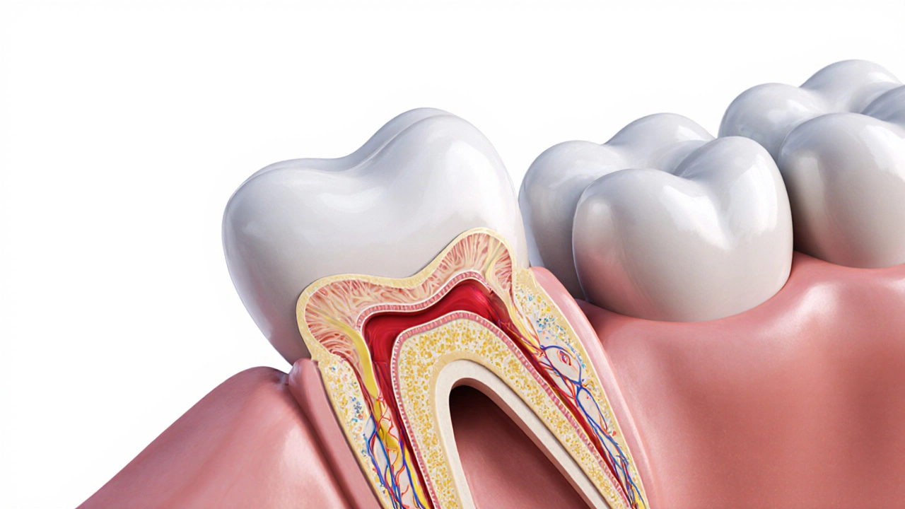Rentgenový snímek zobrazuje impaktovaný zub moudrosti tlačící na sousední zub.