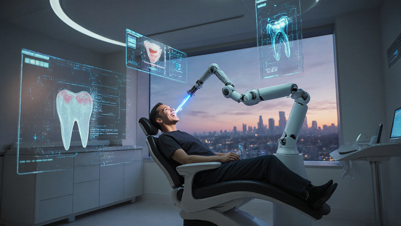 Robotický rameno připevňuje fazetu na zub pacienta, zatímco kolem visí holografické AI rozhraní.
