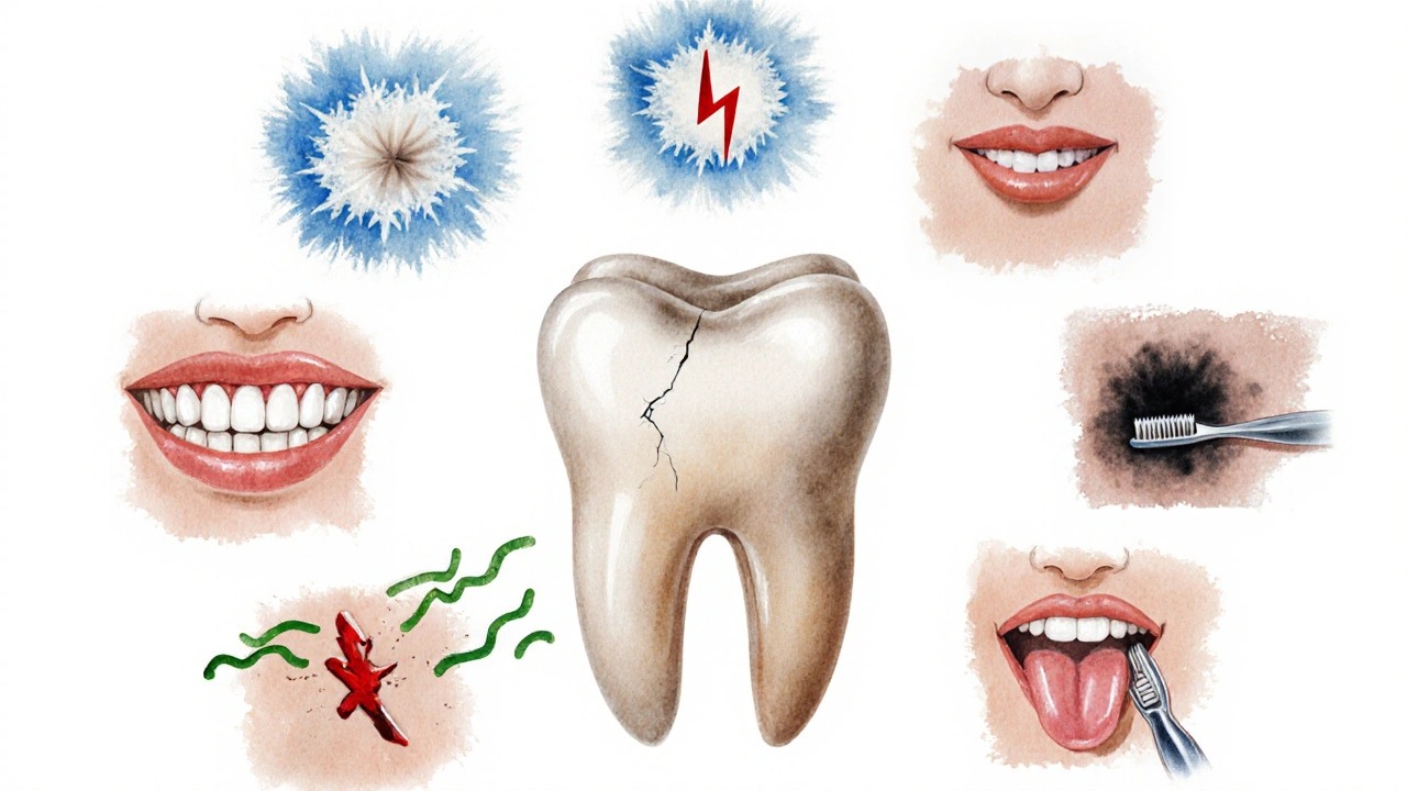 Série osmi vizuálních signálů kazu kolem centrálního zubu.