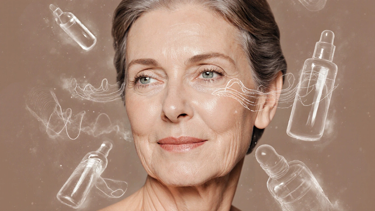 Žena v 50 letech s přirozeně vyhlazenou pokožkou, obklopená symboly omlazení.