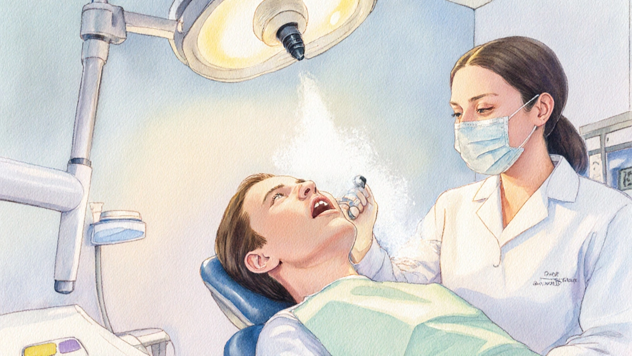 Zubní hygienistka provádí pískování zubů s moderním přístrojem.