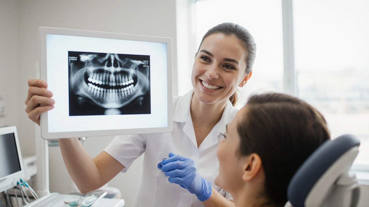 Zubní lékař ukazuje pacientovi panoramatický rentgen zubů moudrosti.