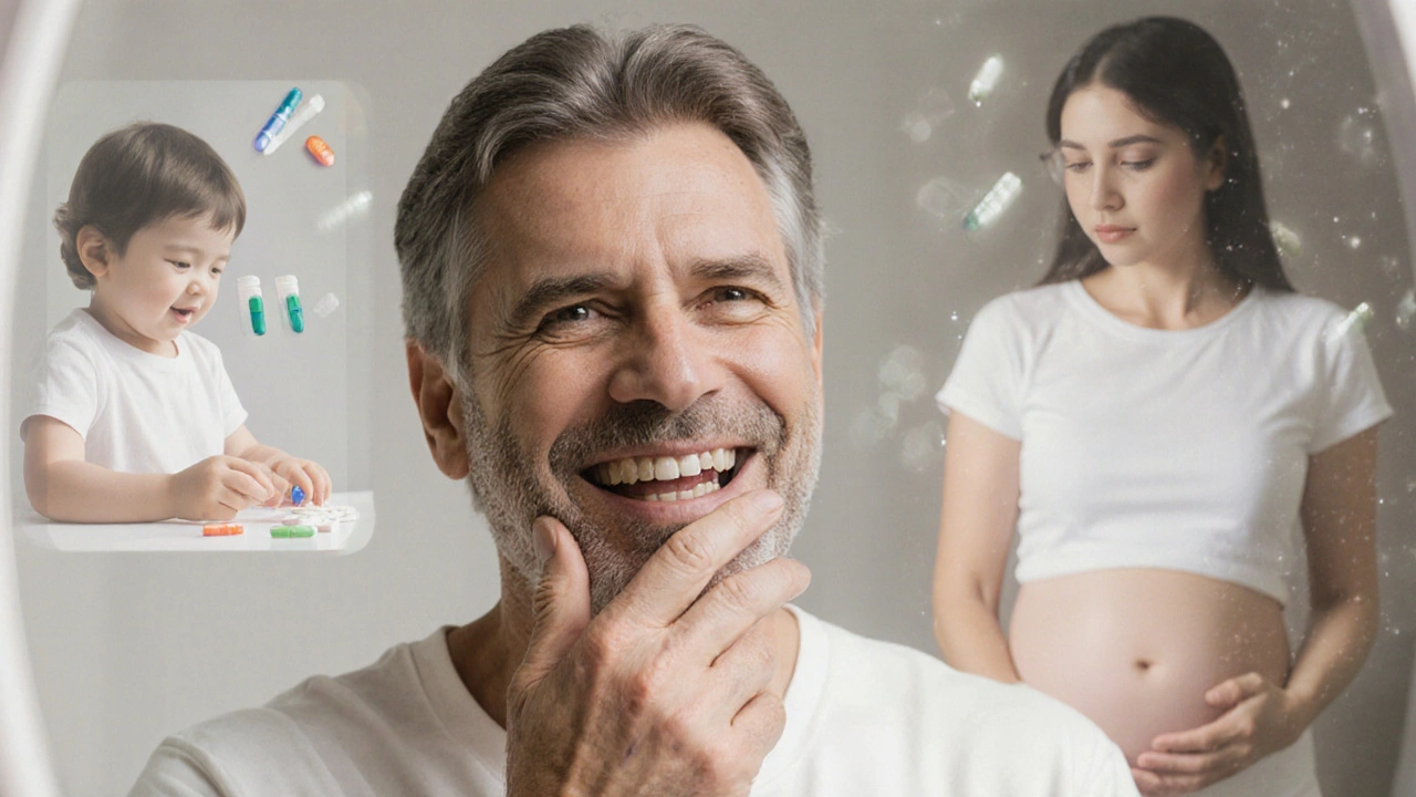 Adult looking at stained teeth in mirror, with ghostly images of past antibiotic use.