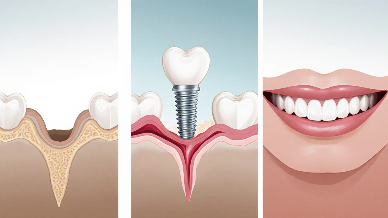 Časová osa ztráty zubu, vkládání implantátu a úspěšné obnovení úsměvu.