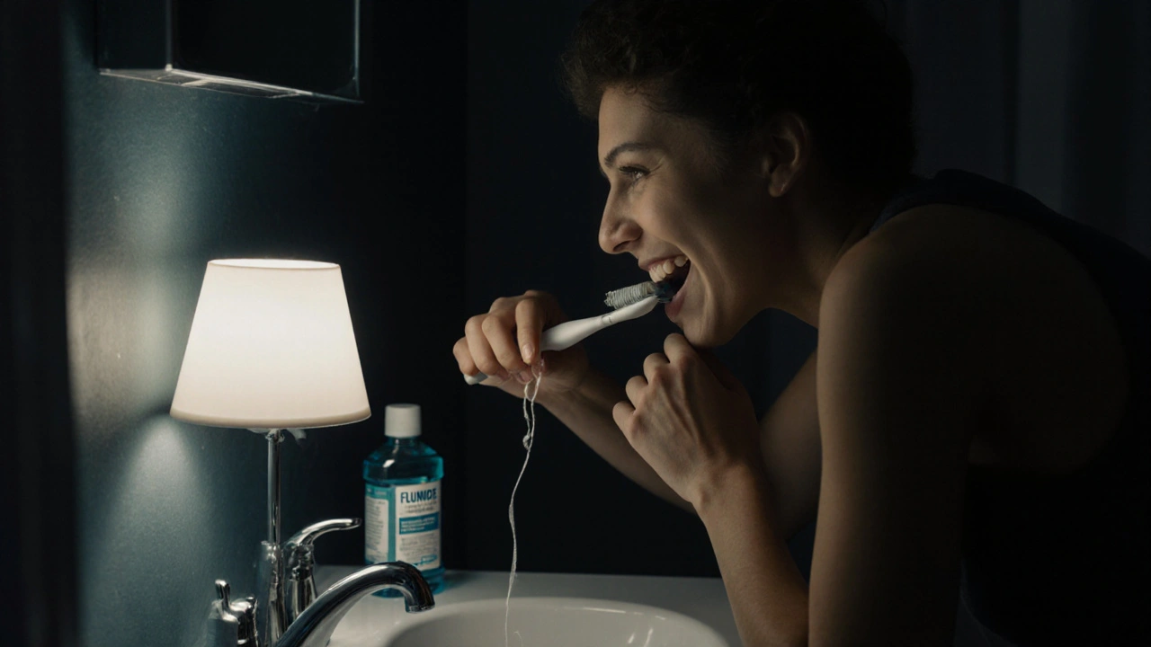 Čištění zubů večer s fluoridovou pastou a zubní nití