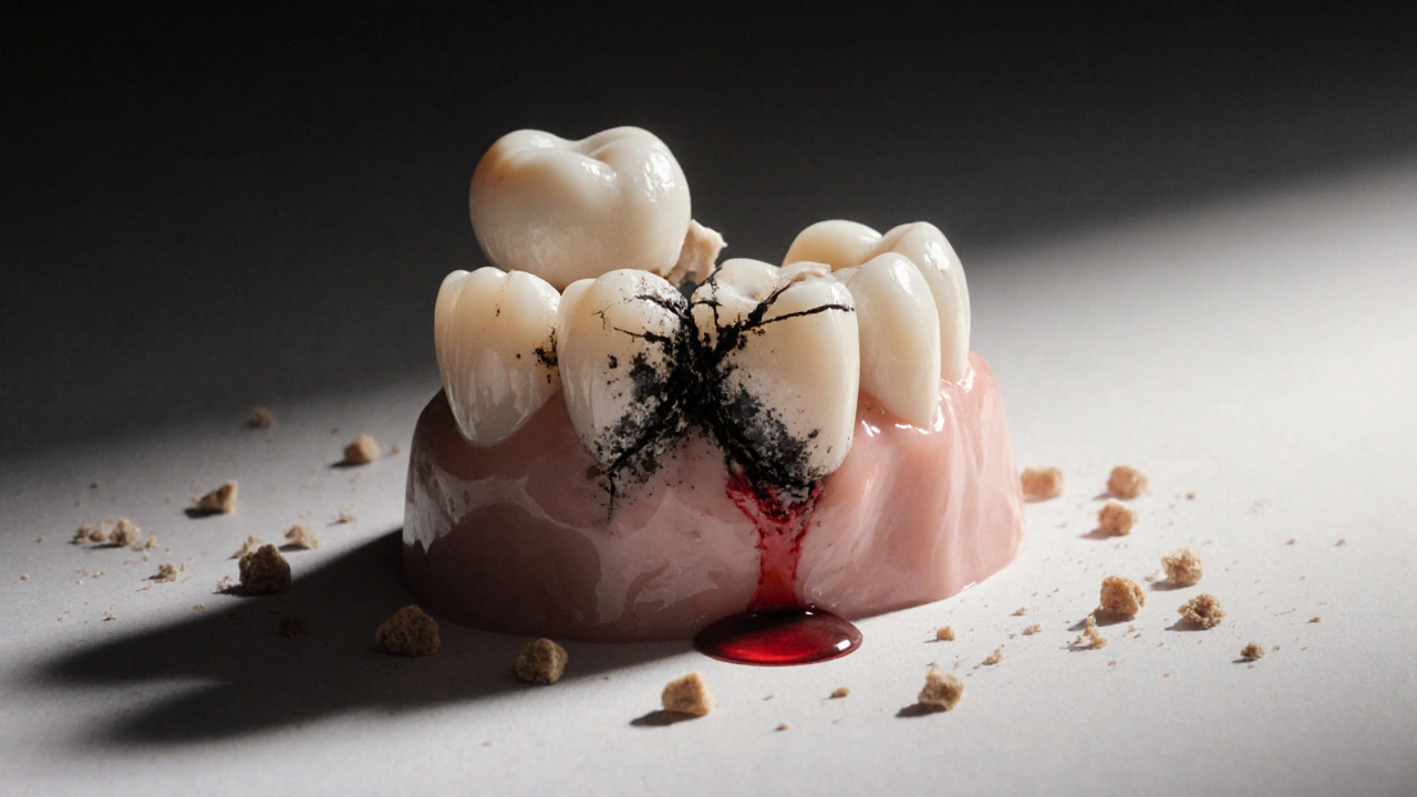 Cracked ceramic veneer with visible decay and blood on the gumline.