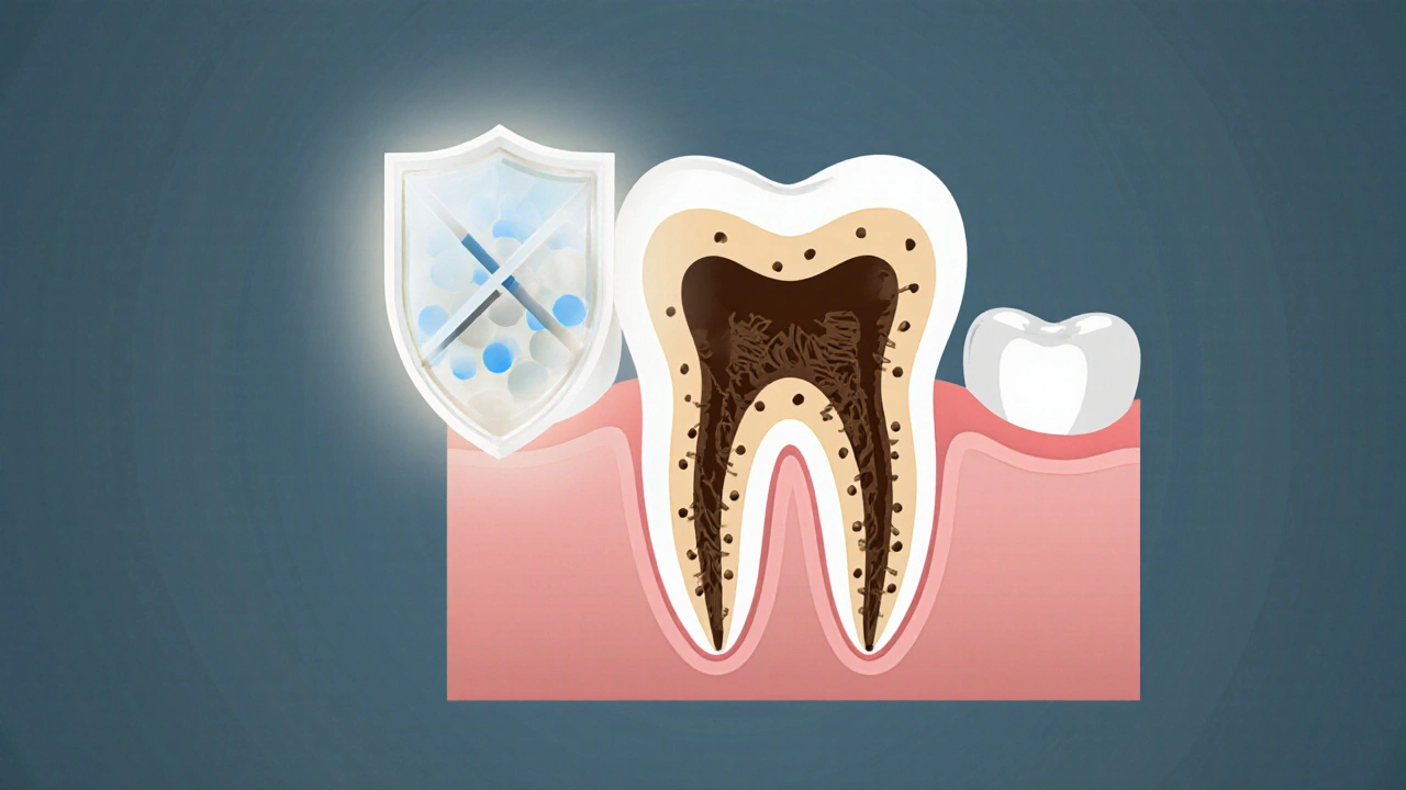 Cross-section of a child&#039;s tooth with tetracycline stains embedded inside enamel.