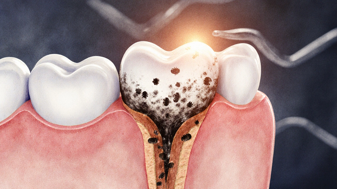 Cross-section of a tooth showing decay spreading beneath a ceramic veneer.