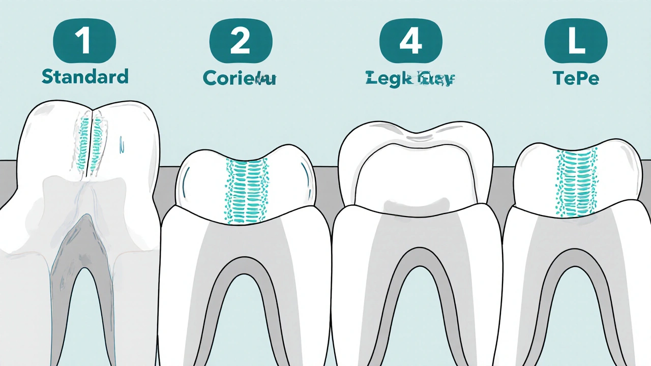 Čtyři typy mezizubních kartáčků s různými velikostmi a způsoby použití.