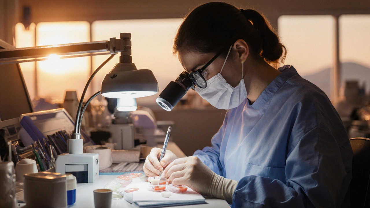Dental technician carefully crafting ceramic veneers in a laboratory.