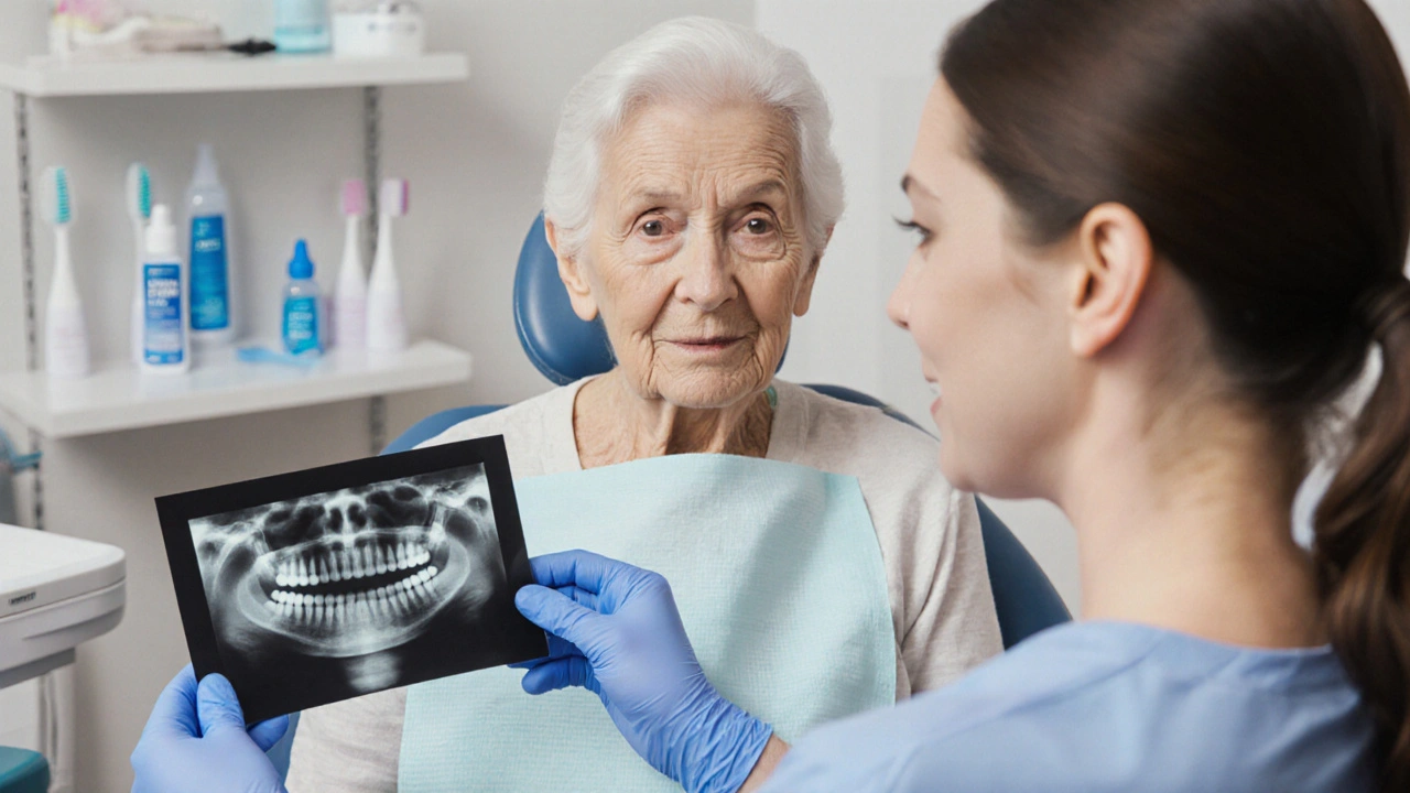 Dentista ukazuje rentgenový snímek mezizubního kazu staršímu pacientovi.