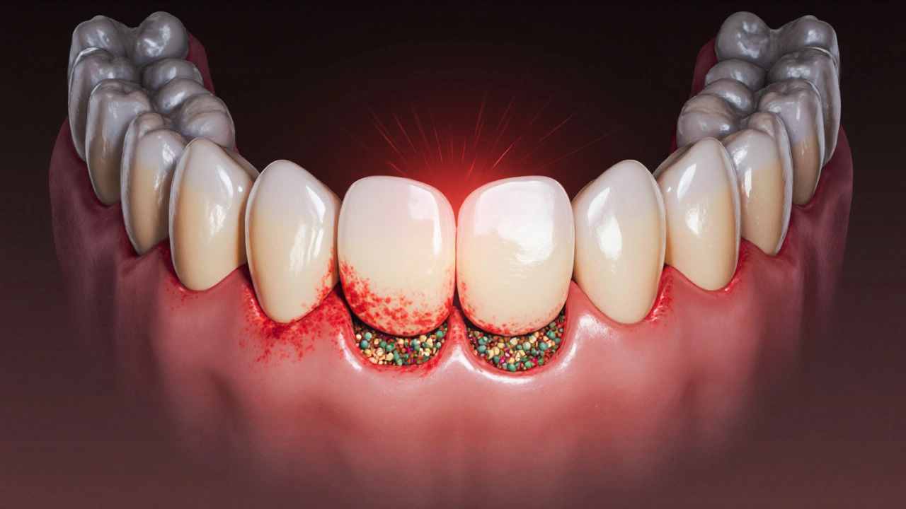 Detail zubního můstku s viditelným zánětem a hromaděním zbytků jídla pod ním.