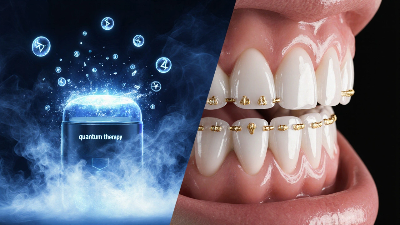 Dvě cesty: magické zařízení zanikající v kouři a zuby se postupně vyrovnávající pomocí průhledných šablon.