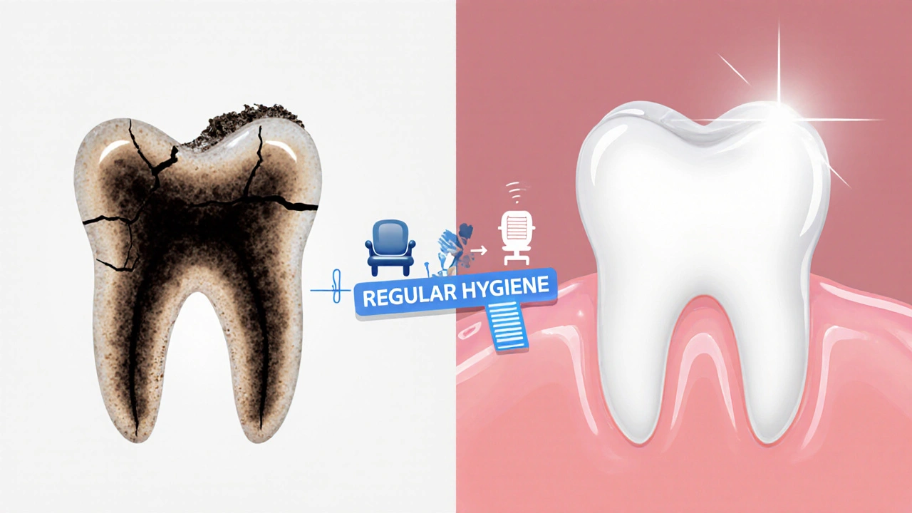 Dvě strany zubu: jedna poškozená a zanedbaná, druhá zdravá s fluoridovou vrstvou.