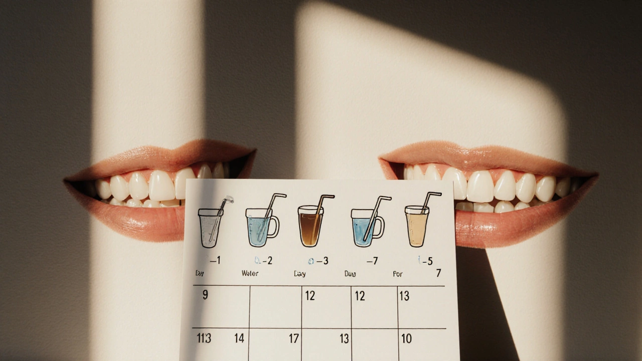 Kalendář s 7 dny ukazující postupné vracení kávy po hygieně a porovnání bílých a tmavých zubů.
