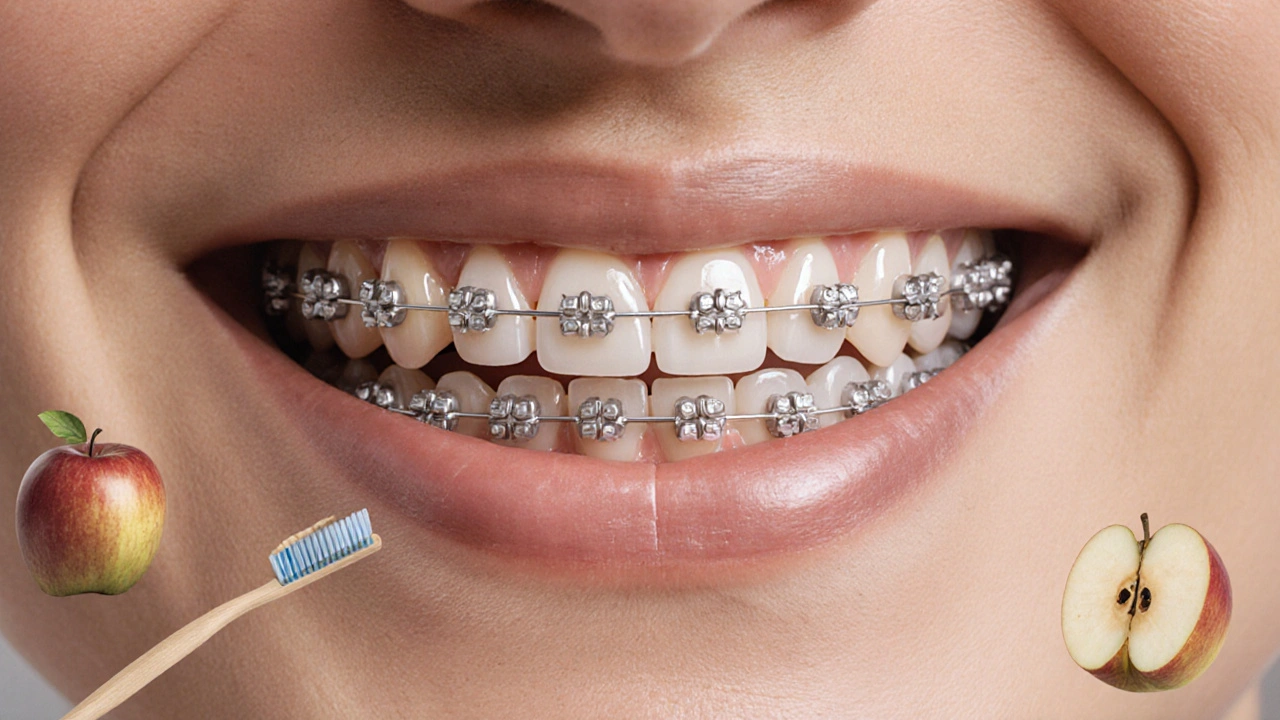 Keramická rovnátka na zubech s průhlednými zámečky a drátkem, detailní zobrazení.