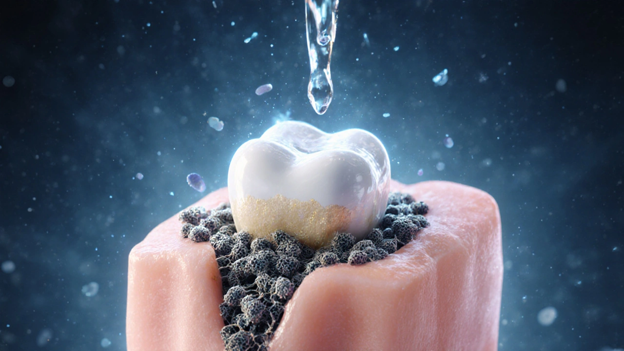 Konceptuální obrázek zubu s odhaleným kořenem, kde se bakterie odstraňují světlem a čistou vodou.