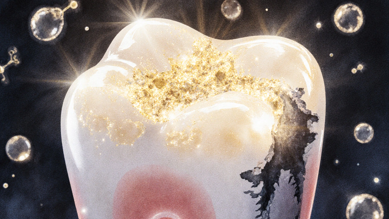 Křehká sklovinu se obnovuje pomocí hydroxyapatitu a fluoridu.