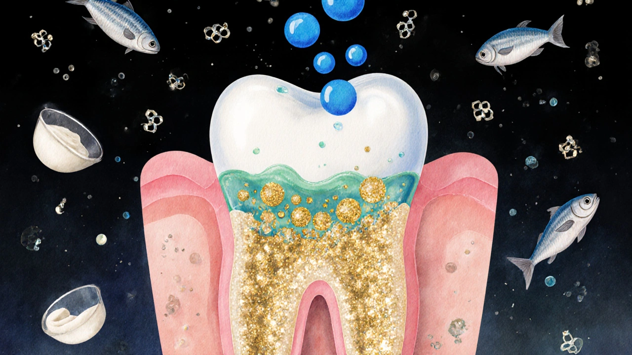 Křížový řez zubu, kde minerály vstupují zpět do skloviny pod vlivem fluoridu.