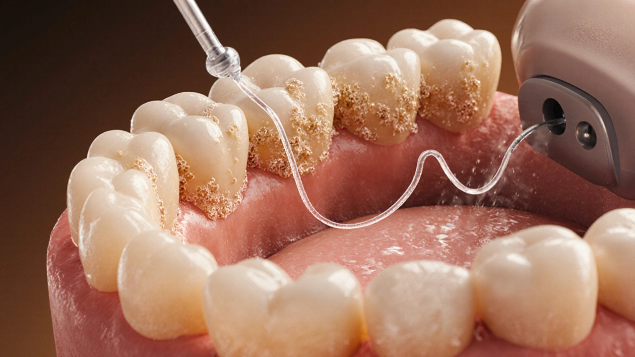 Mikroskopický pohled na bakterie plaku mezi zuby a zubní nití, která je mezi nimi.