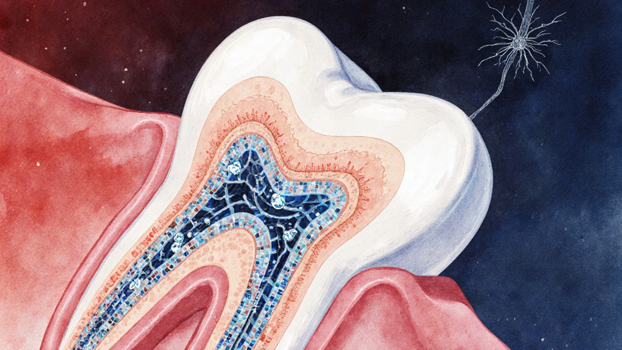 Mikroskopický pohled na zubní kanálky, které se uzavírají fluoridem a dusičnanem draselným.