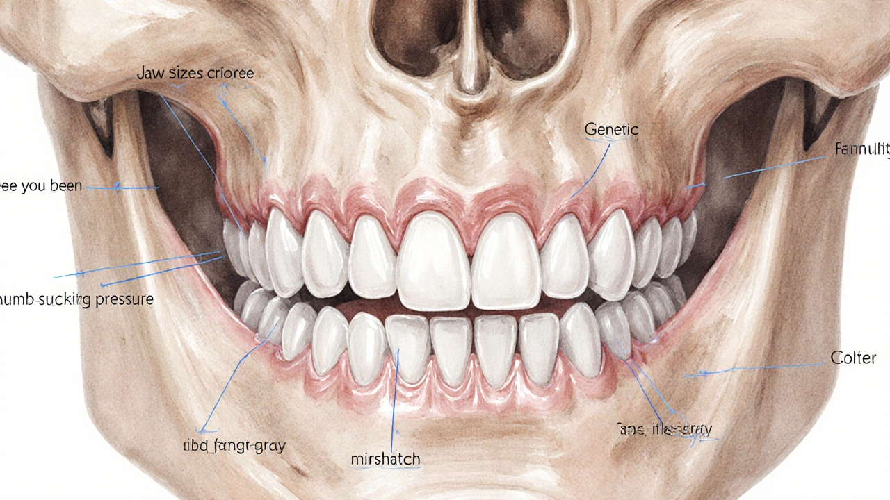 Náčrtek lidské čelisti s vysvětlením příčin křivých zubů: dědičnost, sajání prstu a ztráta zubu.