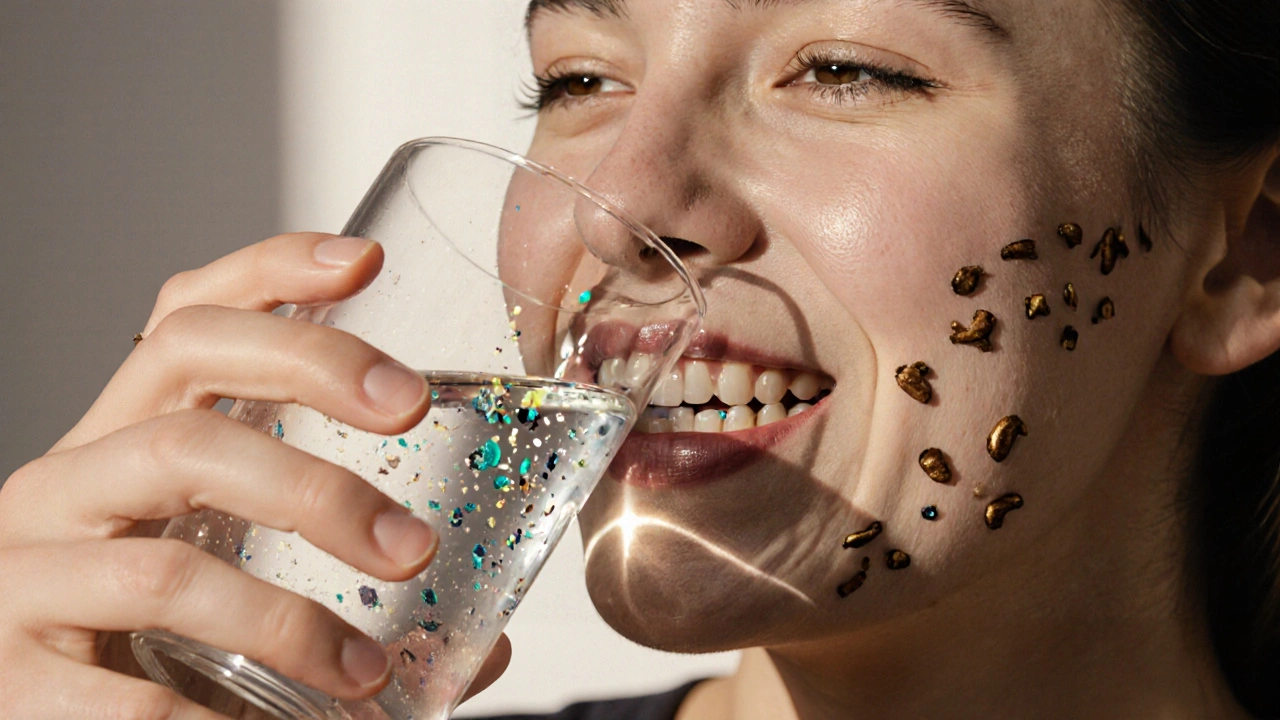 Osoba pije vodu po bělení zubů, zatímco škodlivé látky mizí.
