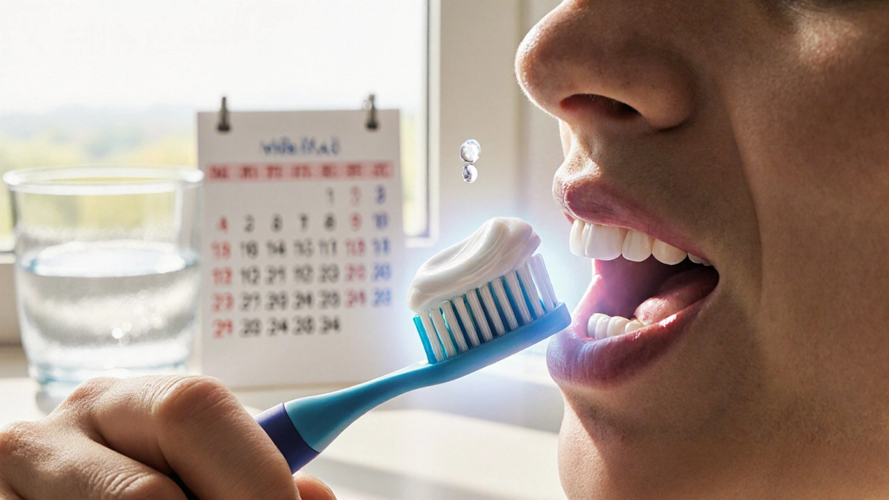 Osoba po čištění zubů, s významným zbytkem pasty na kartáčku a zdravým zářením kolem zubů.