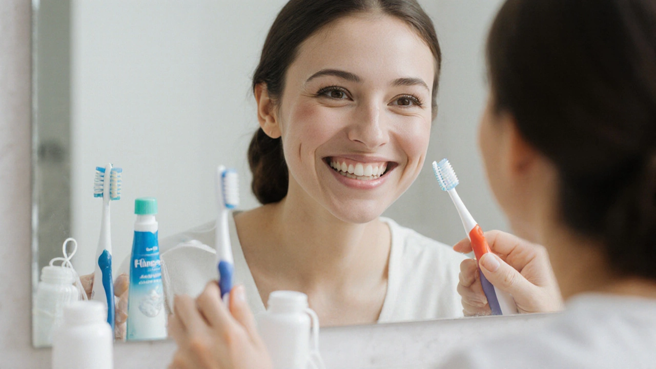 Osoba se radostně usmívá do zrcadla s čistými a zdravými zuby.