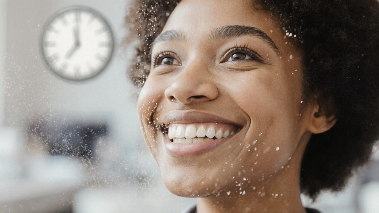 Osoba se zlatým úsměvem s přirozeně vypadajícími kompozitními fazetami.