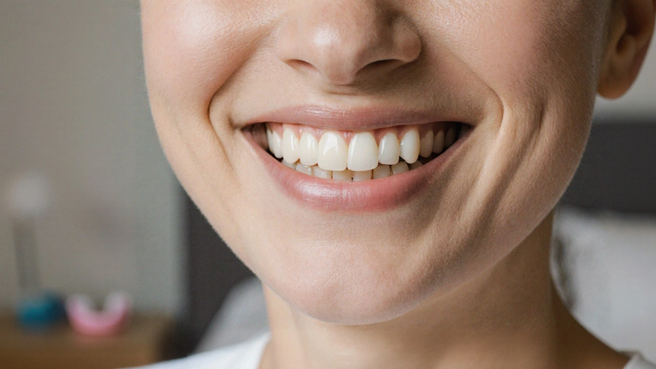 Person smiling with natural-looking ceramic dental veneers on front teeth.