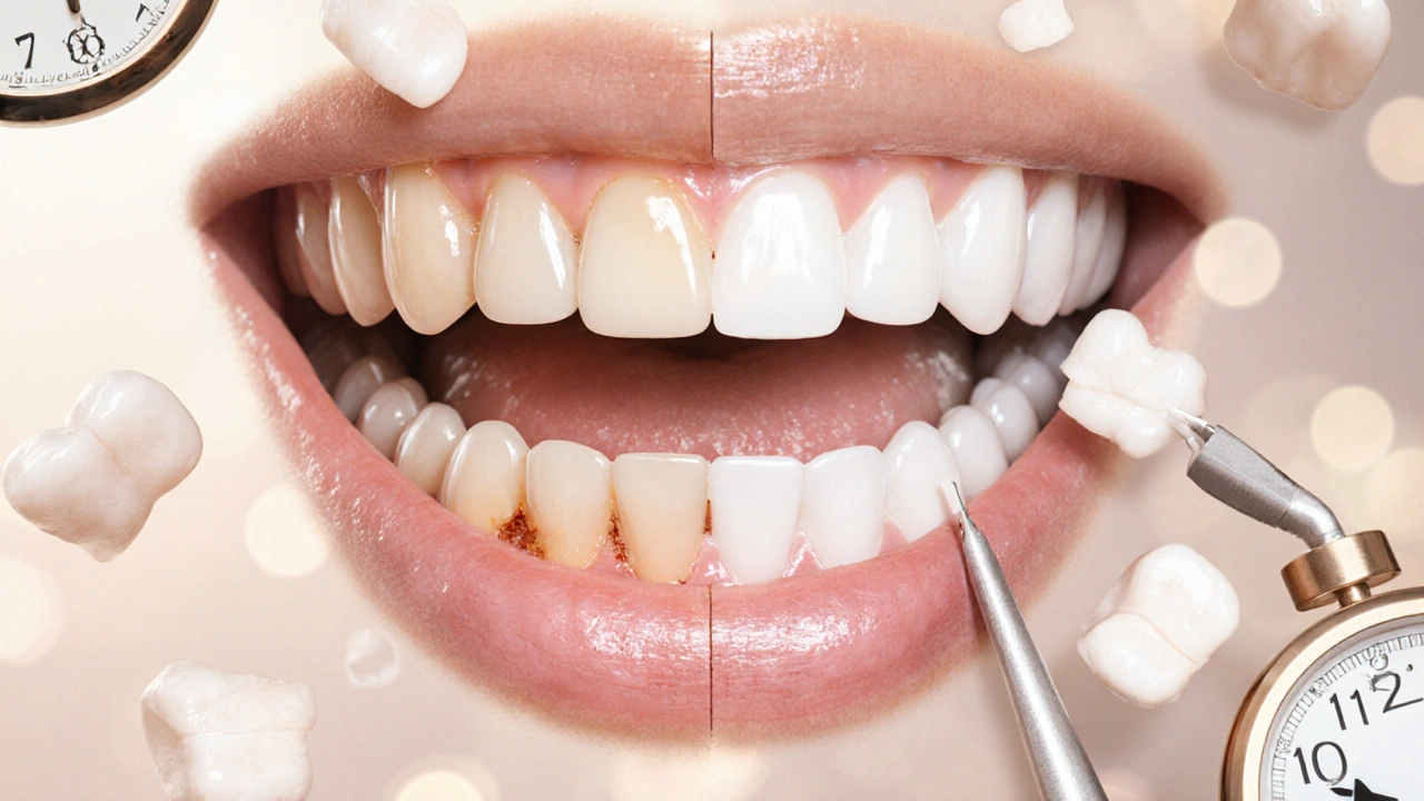 Porovnání přirozených zubů a zubů s fazetami v jedné kompozici.