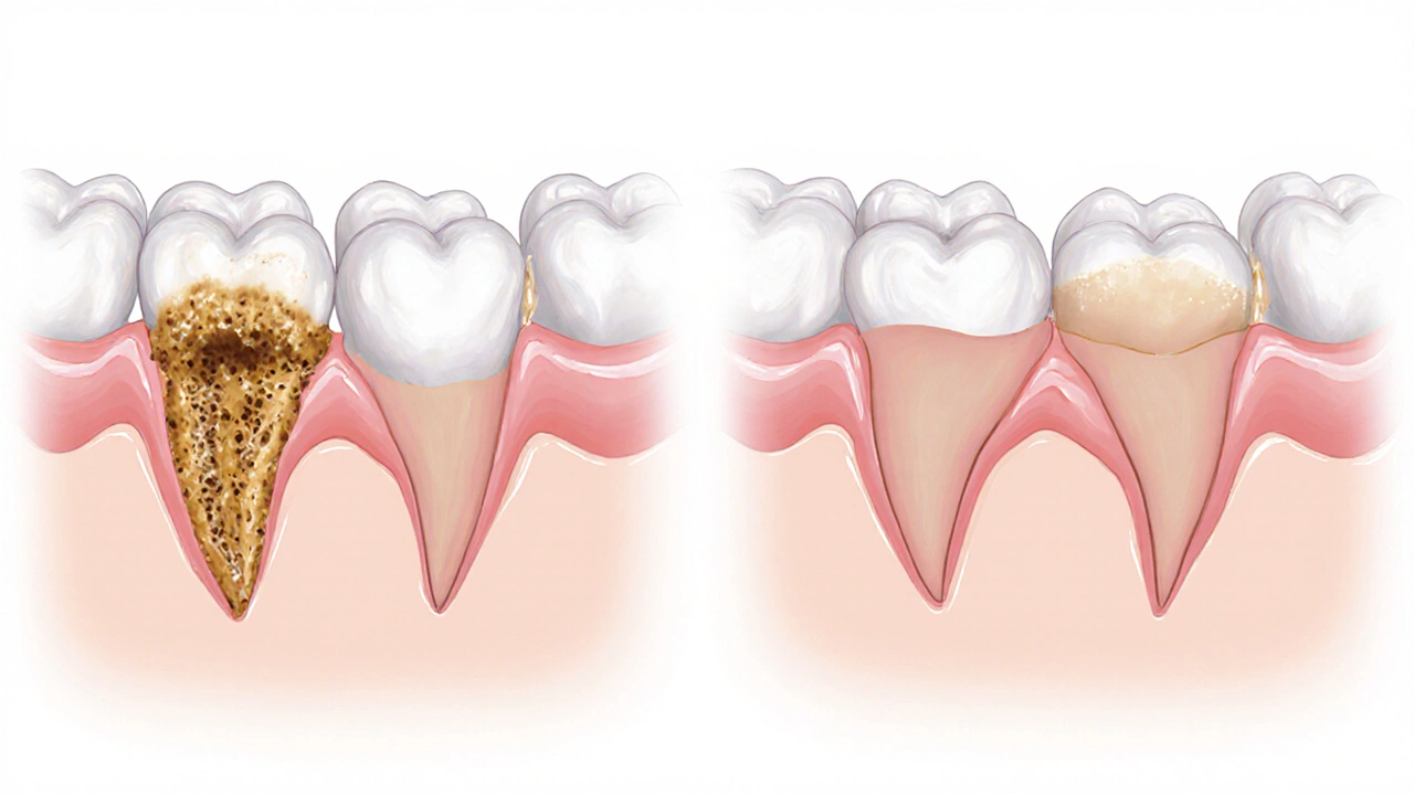 Porovnání zdravých a zánětlivě stáhnutých dásní po profesionálním broušení.