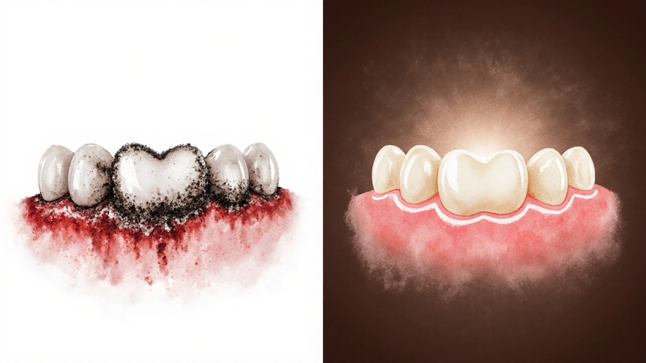 Porovnání zubu s zubním kamenem a po čištění se zdravými dásněmi.