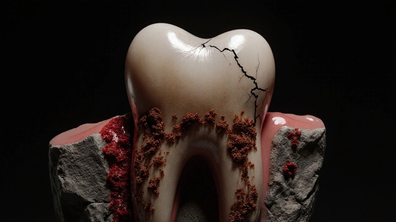 Poškozený zub s bakteriálními koloniami šířícími se pod dásní do kosti.