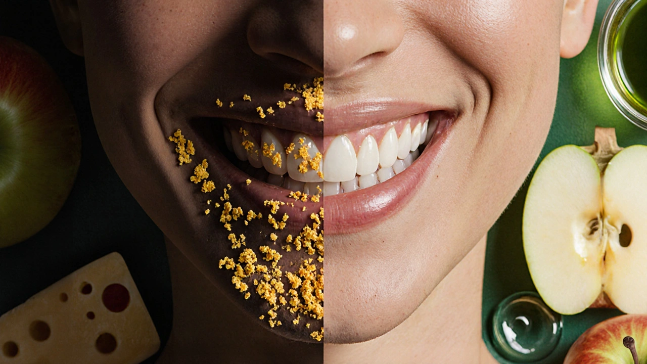 Přechod z nečistých zubů s plakem k čistým, lesklým zubům s přirozenými potravinami.