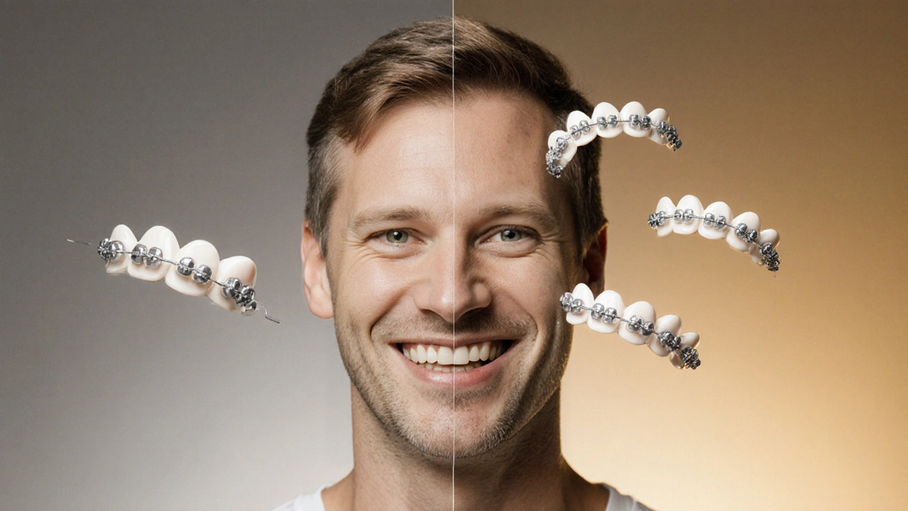 Před a po transformaci obličeje s keramickými rovnátky, symbolizující estetické zlepšení.