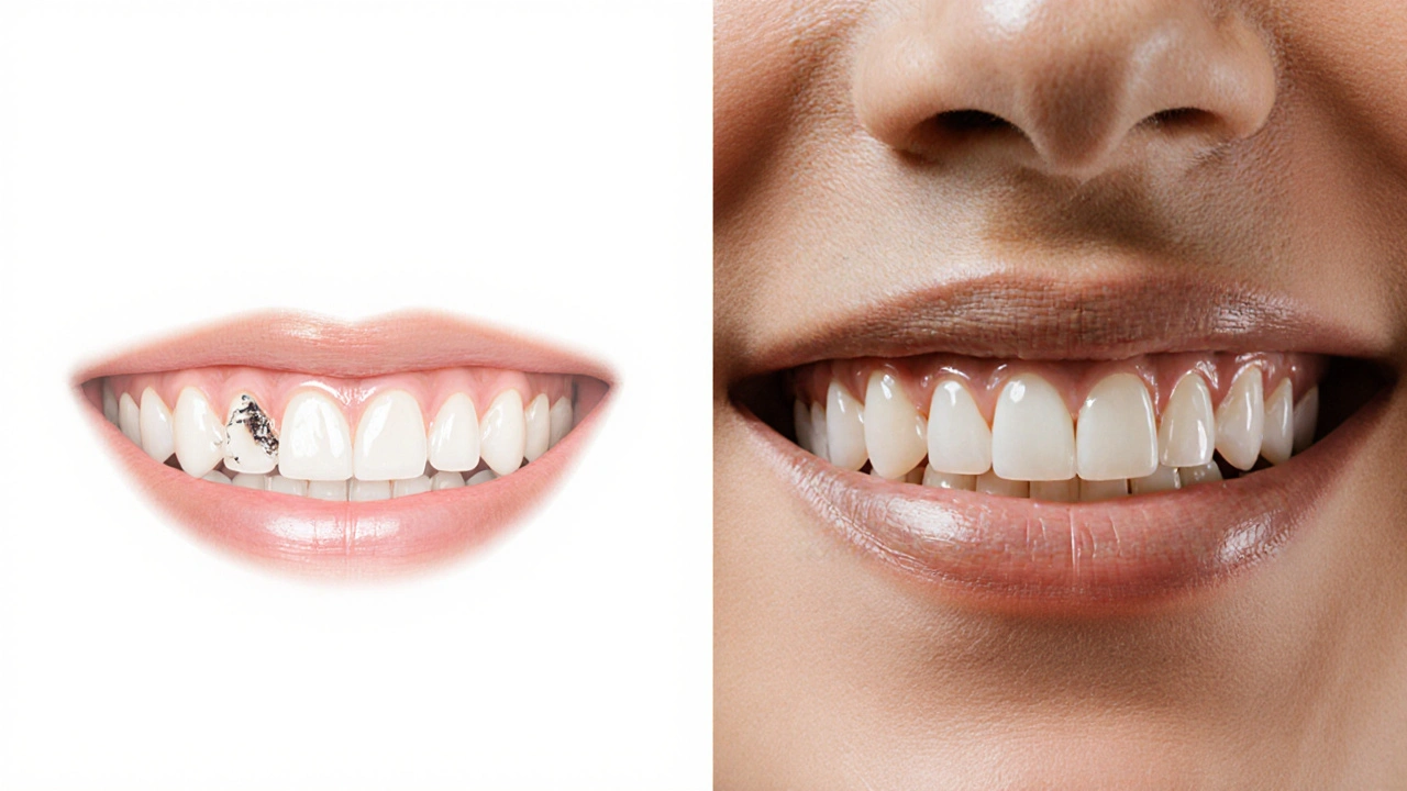 Před a po: zub s poškozením a zub s kompozitní fazetou vedle sebe.