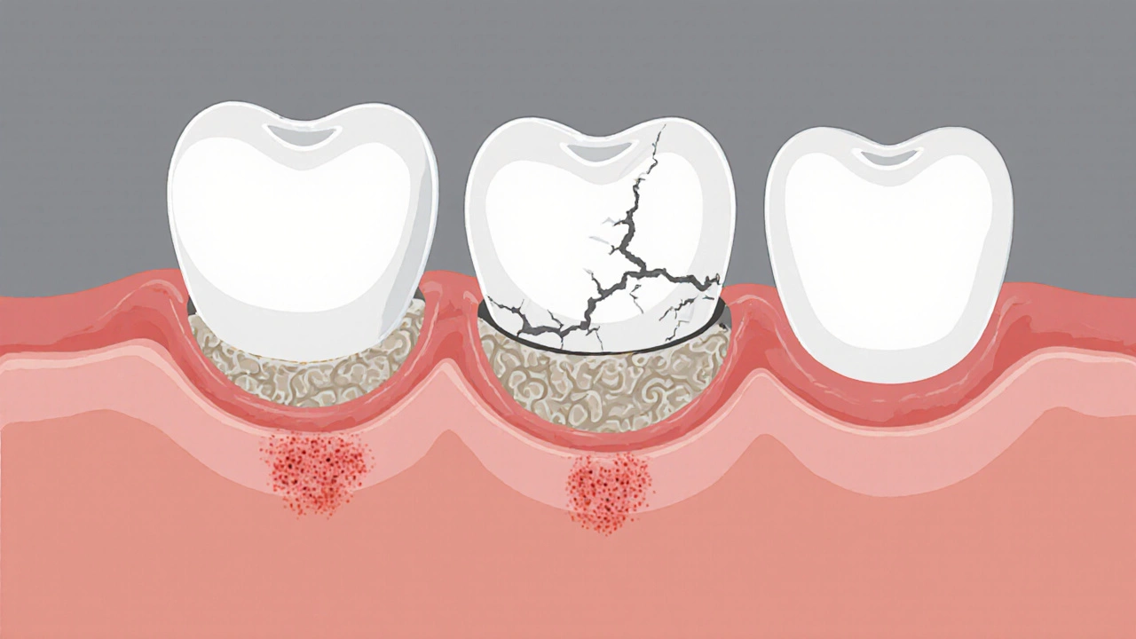 Příčina vysunutí korunky: viditelné mezery a rozpadlé cementové vrstvy pod korunkou.