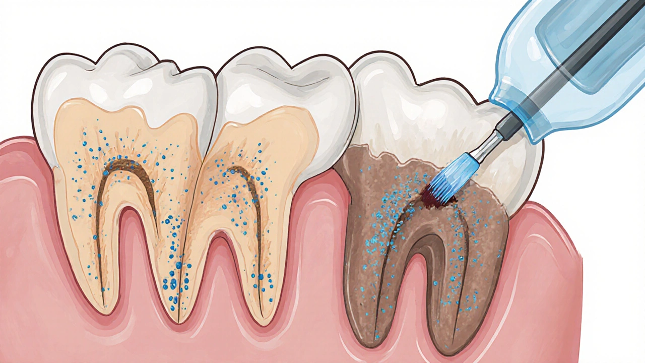 Příčný řez úst s odhalenými kořeny zubů a kazy pod dásněmi.