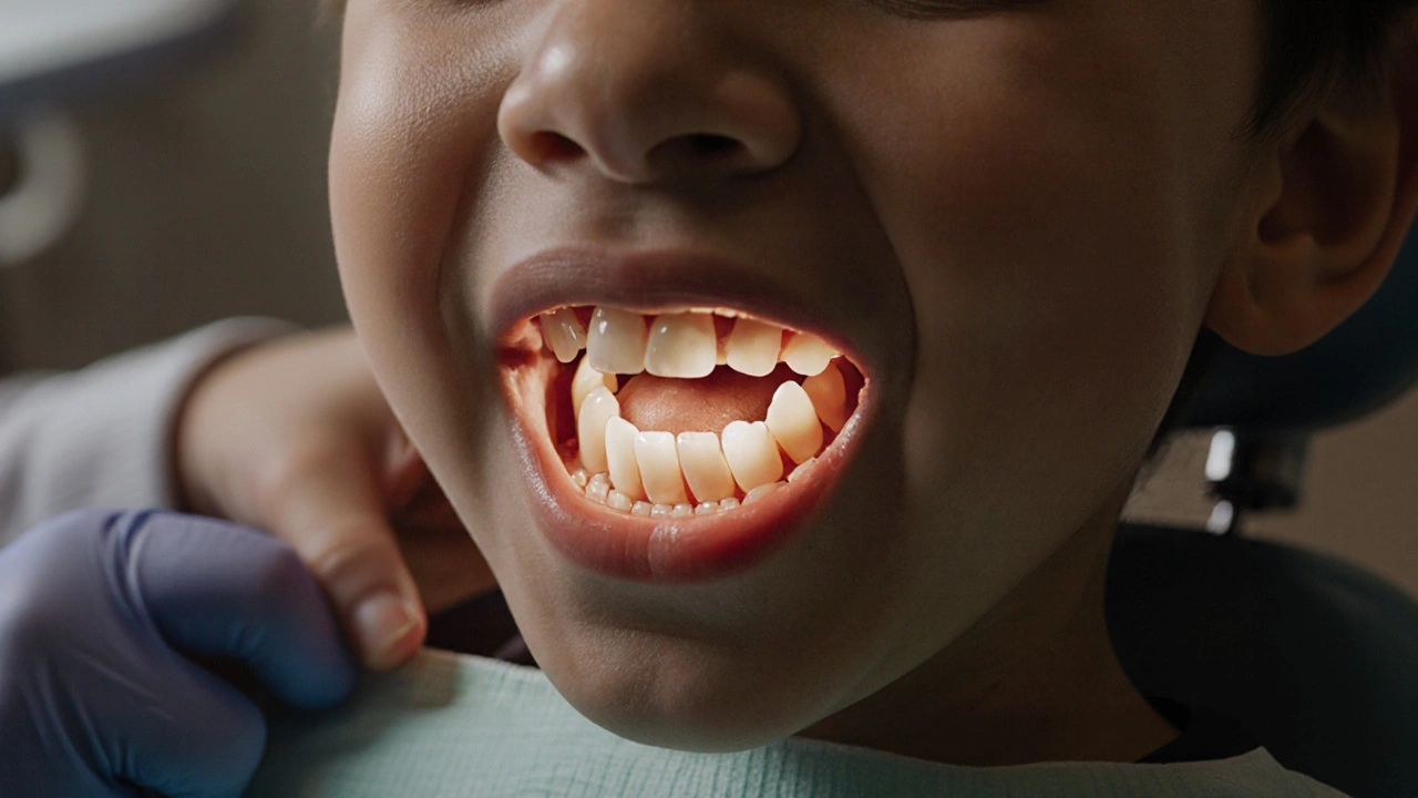 První trvalý molár vyrůstá za mléčným zubem u šestiletého dítěte.